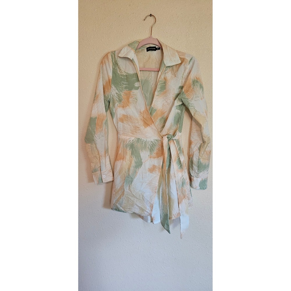 PrettyLittleThing Abstract Print Wrap Romper‎ Green Orange Size 8 Long Sleeve